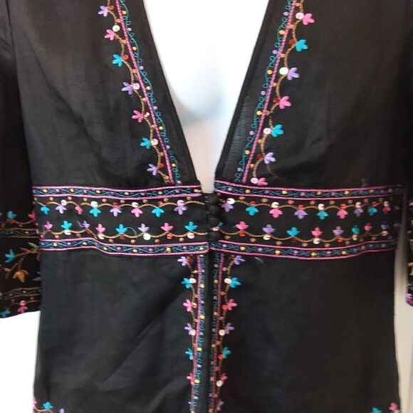 Silkland unlined black sequins and embroider three-quarter sleeve linen jacket - Picture 5 of 11